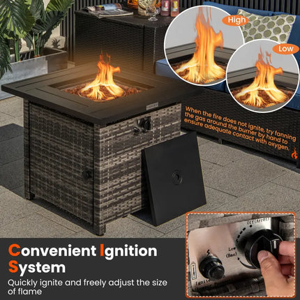 29 Inch Propane Rattan Firepit Table with Lava Rocks and Protective Cover-Gray - Gray - Fire Pit Tables
