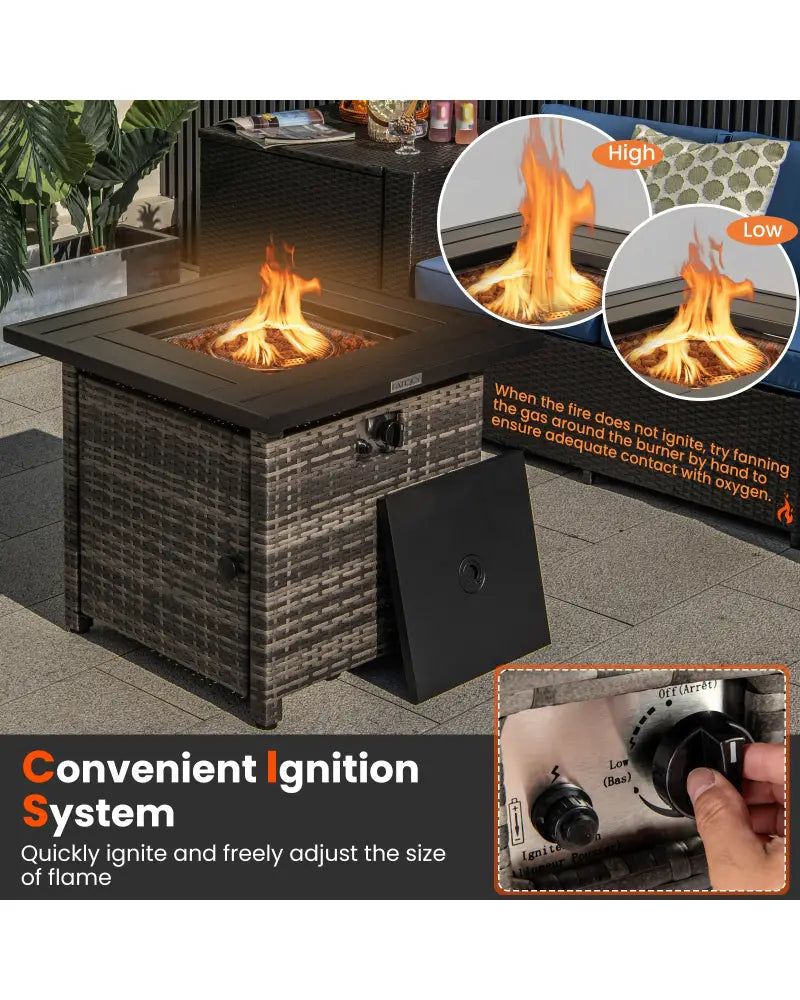 29 Inch Propane Rattan Firepit Table with Lava Rocks and Protective Cover-Gray - Gray - Fire Pit Tables