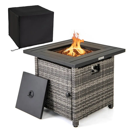 29 Inch Propane Rattan Firepit Table with Lava Rocks and Protective Cover-Gray - Gray - Fire Pit Tables