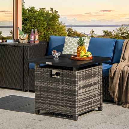 29 Inch Propane Rattan Firepit Table with Lava Rocks and Protective Cover-Gray - Gray - Fire Pit Tables