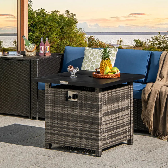 29 Inch Propane Rattan Firepit Table with Lava Rocks and Protective Cover-Gray - Gray - Fire Pit Tables