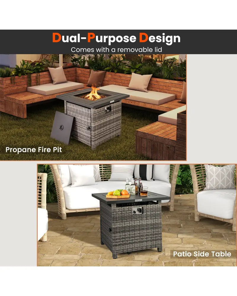 29 Inch Propane Rattan Firepit Table with Lava Rocks and Protective Cover-Gray - Gray - Fire Pit Tables
