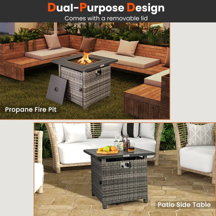 29 Inch Propane Rattan Firepit Table with Lava Rocks and Protective Cover-Gray - Gray - Fire Pit Tables