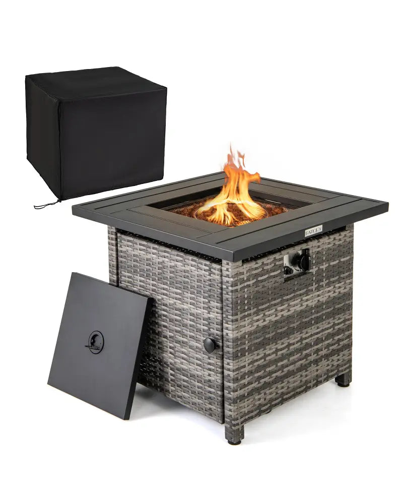 29 Inch Propane Rattan Firepit Table with Lava Rocks and Protective Cover-Gray - Gray - Fire Pit Tables