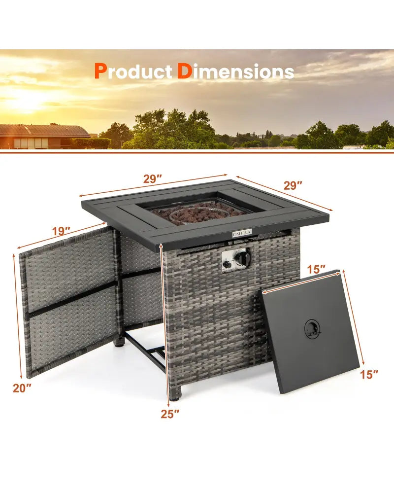 29 Inch Propane Rattan Firepit Table with Lava Rocks and Protective Cover-Gray - Gray - Fire Pit Tables