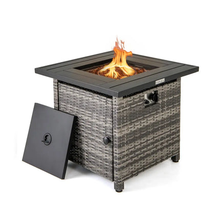 29 Inch Propane Rattan Firepit Table with Lava Rocks and Protective Cover-Gray - Gray - Fire Pit Tables