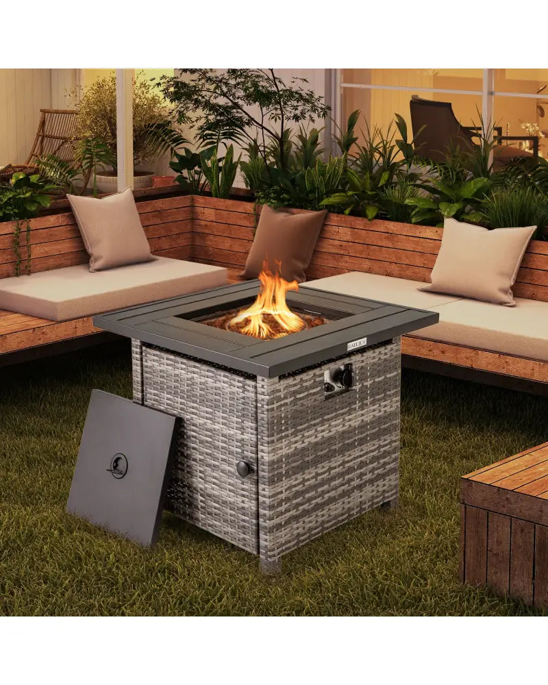 29 Inch Propane Rattan Firepit Table with Lava Rocks and Protective Cover-Gray - Gray - Fire Pit Tables