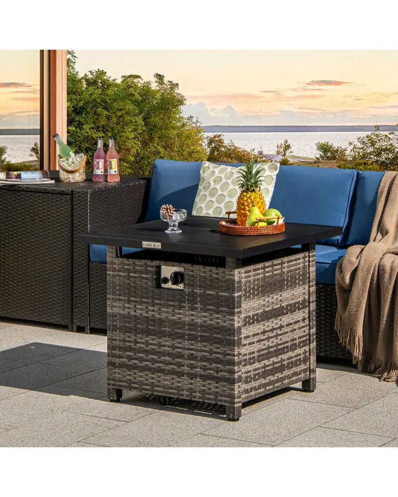 29 Inch Propane Rattan Firepit Table with Lava Rocks and Protective Cover-Gray - Gray - Fire Pit Tables