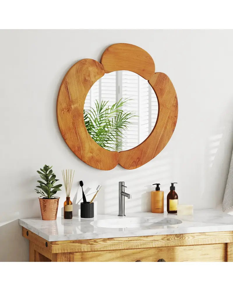 29 Inch Rustic Hanging Vanity Mirror with Teak Wood Frame - Natural - Wall Mirrors