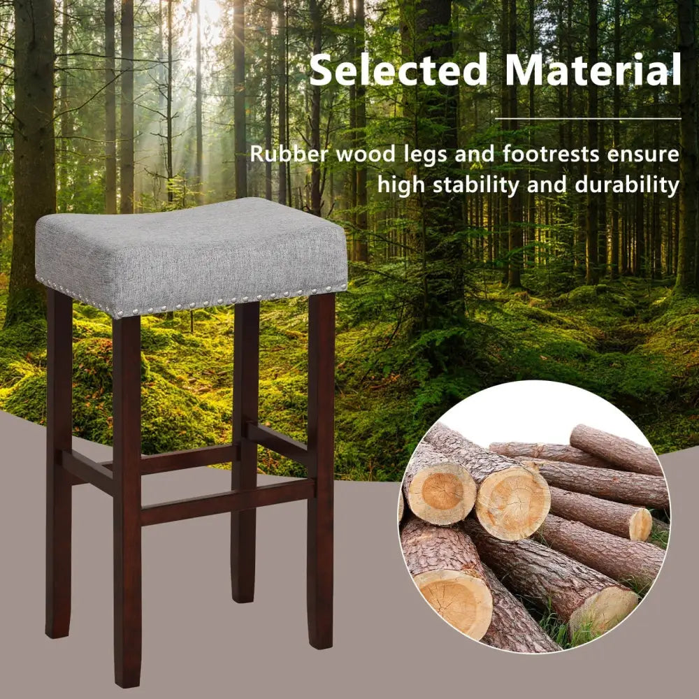 29 Inch Set of 2 Height Upholstered Bar Stool with Solid Rubber Wood Legs and Footrest-Gray Costway