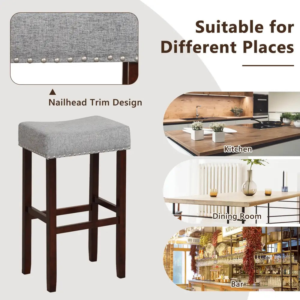 29 Inch Set of 2 Height Upholstered Bar Stool with Solid Rubber Wood Legs and Footrest-Gray Costway