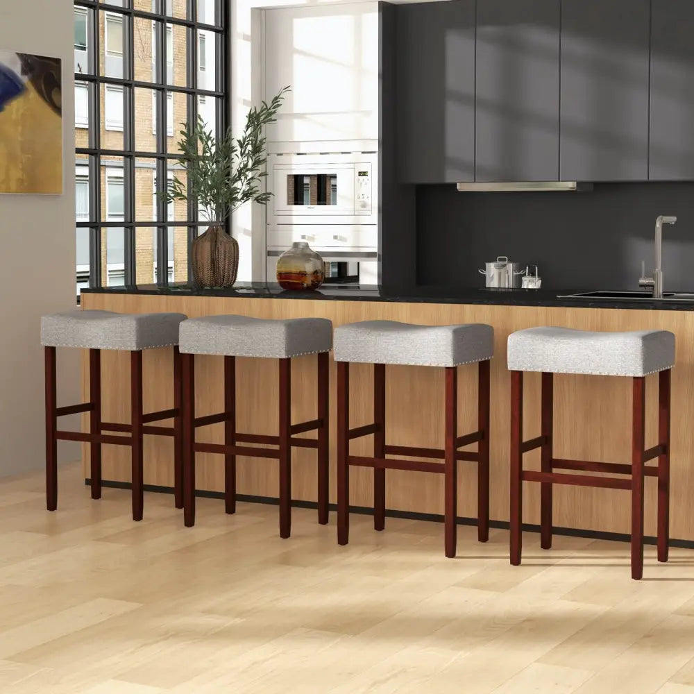 29 Inch Set of 2 Height Upholstered Bar Stool with Solid Rubber Wood Legs and Footrest-Gray Costway