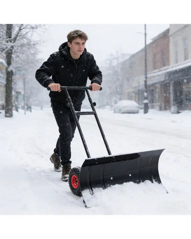 29 Inch Snow Pusher Heavy Duty Metal Shovel with Wheels and Adjustable Handle-Black - Black - Snow Removal