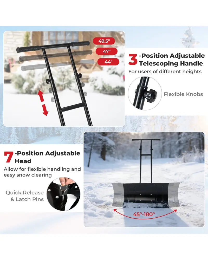 29 Inch Snow Pusher Heavy Duty Metal Shovel with Wheels and Adjustable Handle-Black - Black - Snow Removal