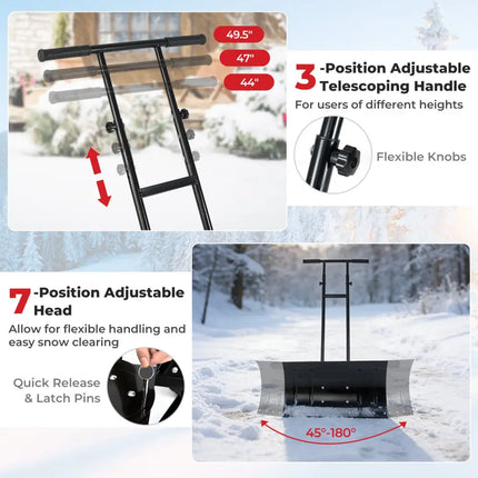 29 Inch Snow Pusher Heavy Duty Metal Shovel with Wheels and Adjustable Handle-Black - Black - Snow Removal