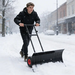 29 Inch Snow Pusher Heavy Duty Metal Shovel with Wheels and Adjustable Handle-Black - Black - Snow Removal