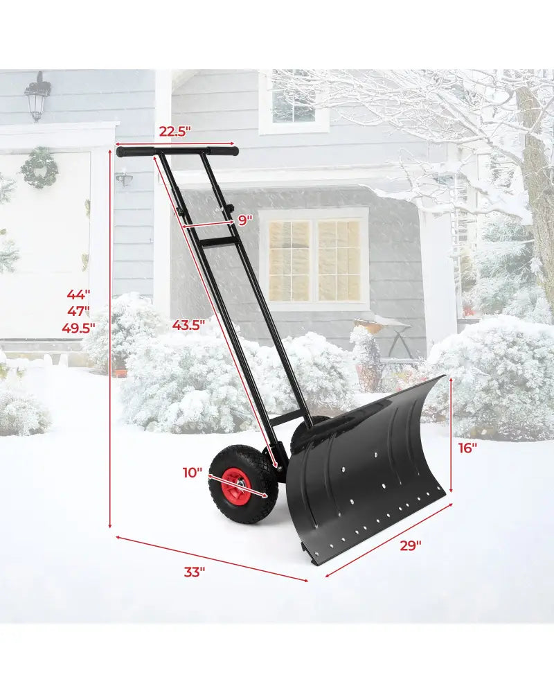 29 Inch Snow Pusher Heavy Duty Metal Shovel with Wheels and Adjustable Handle-Black - Black - Snow Removal