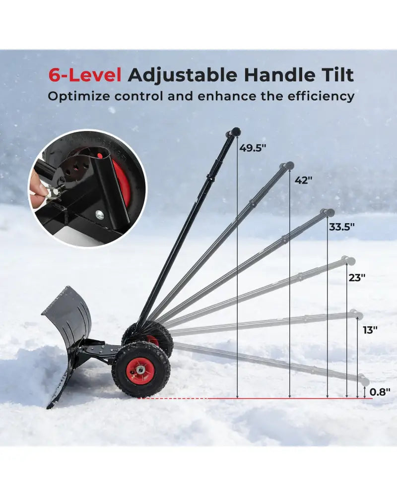 29 Inch Snow Pusher Heavy Duty Metal Shovel with Wheels and Adjustable Handle-Black - Black - Snow Removal