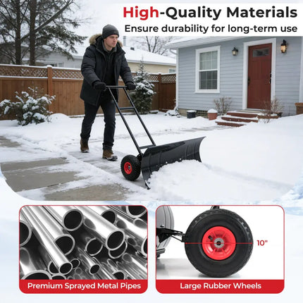29 Inch Snow Pusher Heavy Duty Metal Shovel with Wheels and Adjustable Handle-Black - Black - Snow Removal