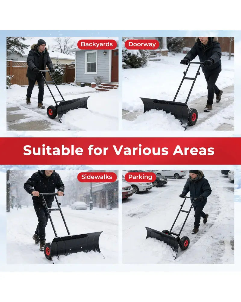 29 Inch Snow Pusher Heavy Duty Metal Shovel with Wheels and Adjustable Handle-Black - Black - Snow Removal