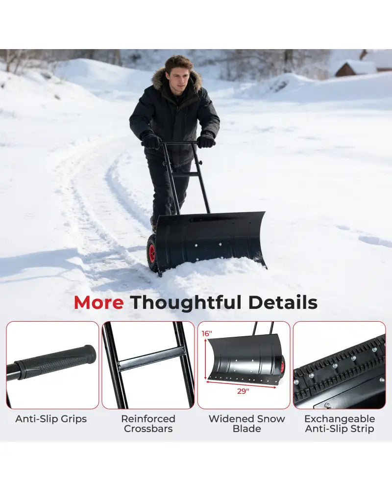 29 Inch Snow Pusher Heavy Duty Metal Shovel with Wheels and Adjustable Handle-Black - Black - Snow Removal
