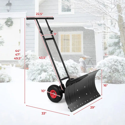 29 Inch Snow Pusher Heavy Duty Metal Shovel with Wheels and Adjustable Handle-Black - Black - Snow Removal