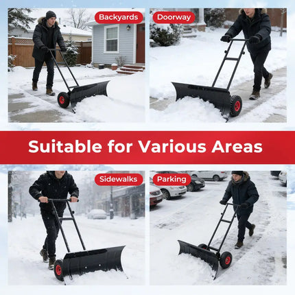 29 Inch Snow Pusher Heavy Duty Metal Shovel with Wheels and Adjustable Handle-Black - Black - Snow Removal