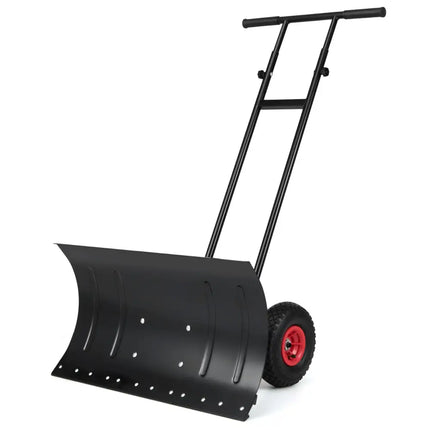 29 Inch Snow Pusher Heavy Duty Metal Shovel with Wheels and Adjustable Handle-Black - Black - Snow Removal