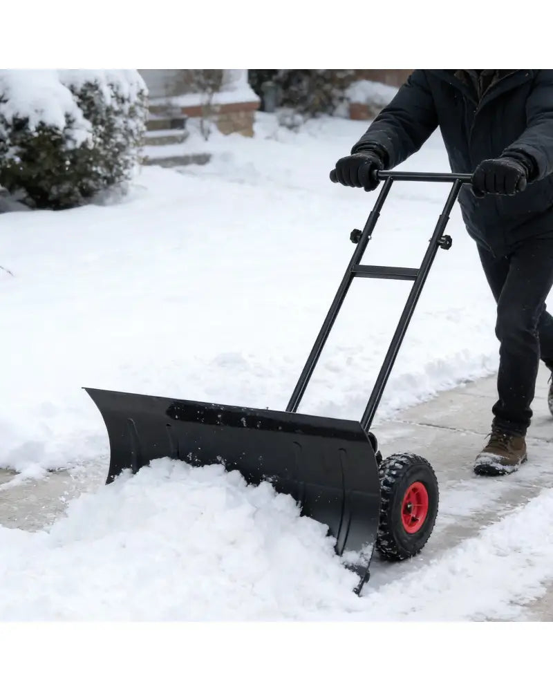 29 Inch Snow Pusher Heavy Duty Metal Shovel with Wheels and Adjustable Handle-Black - Black - Snow Removal