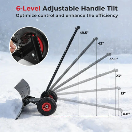 29 Inch Snow Pusher Heavy Duty Metal Shovel with Wheels and Adjustable Handle-Black - Black - Snow Removal