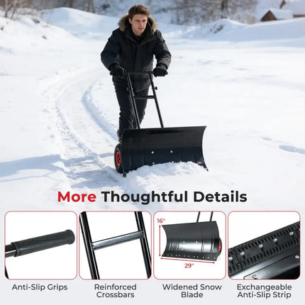 29 Inch Snow Pusher Heavy Duty Metal Shovel with Wheels and Adjustable Handle-Black - Black - Snow Removal