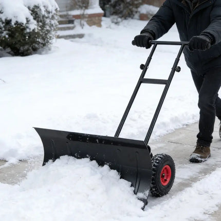 29 Inch Snow Pusher Heavy Duty Metal Shovel with Wheels and Adjustable Handle-Black - Black - Snow Removal