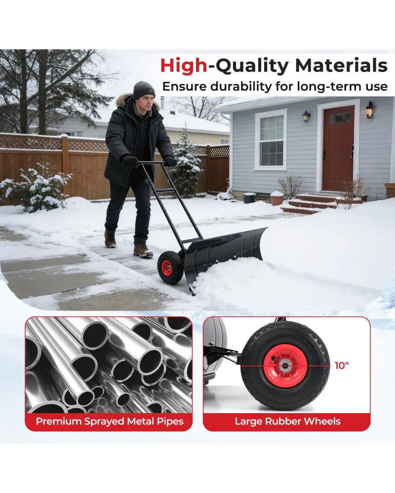 29 Inch Snow Pusher Heavy Duty Metal Shovel with Wheels and Adjustable Handle-Black - Black - Snow Removal