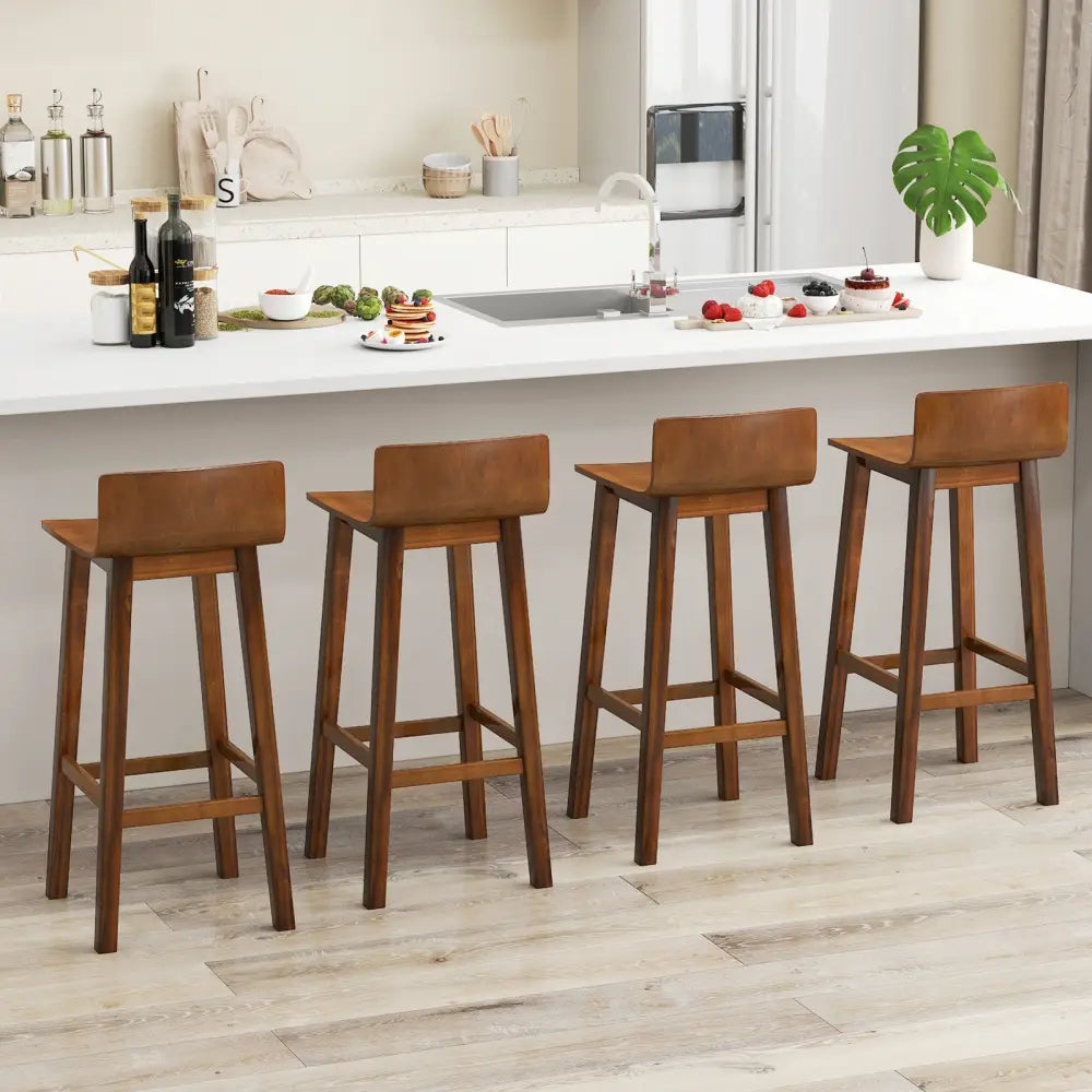 29 Inch Wood Bar Stools Set of 2 with Solid Back and Seat-Walnut - Walnut - Bar Stools
