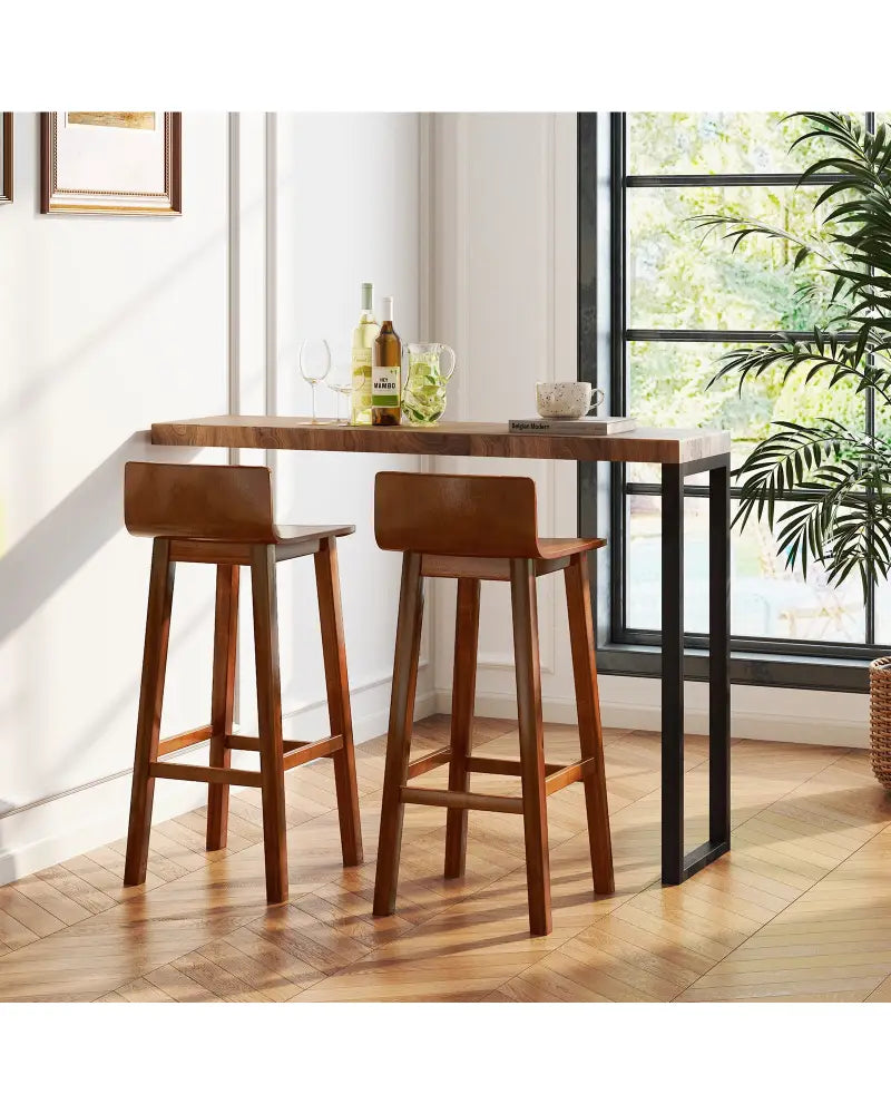 29 Inch Wood Bar Stools Set of 2 with Solid Back and Seat-Walnut - Walnut - Bar Stools