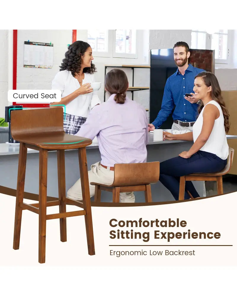 29 Inch Wood Bar Stools Set of 2 with Solid Back and Seat-Walnut - Walnut - Bar Stools