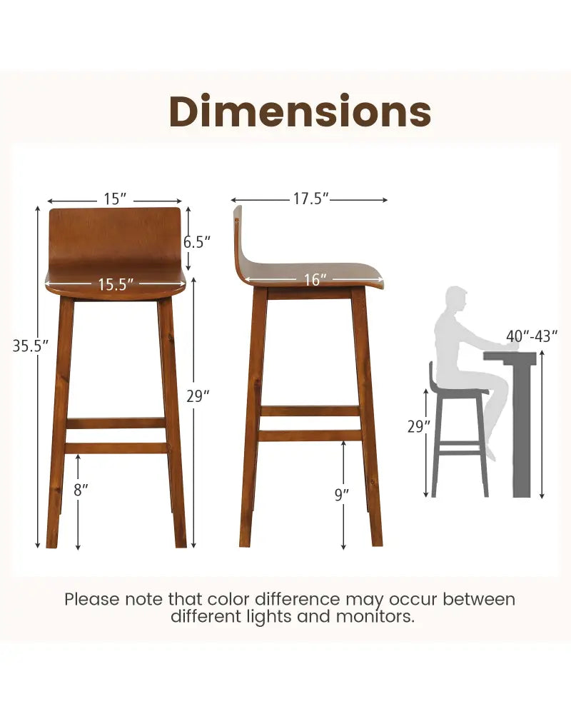 29 Inch Wood Bar Stools Set of 2 with Solid Back and Seat-Walnut - Walnut - Bar Stools