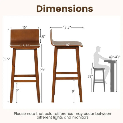 29 Inch Wood Bar Stools Set of 2 with Solid Back and Seat-Walnut - Walnut - Bar Stools