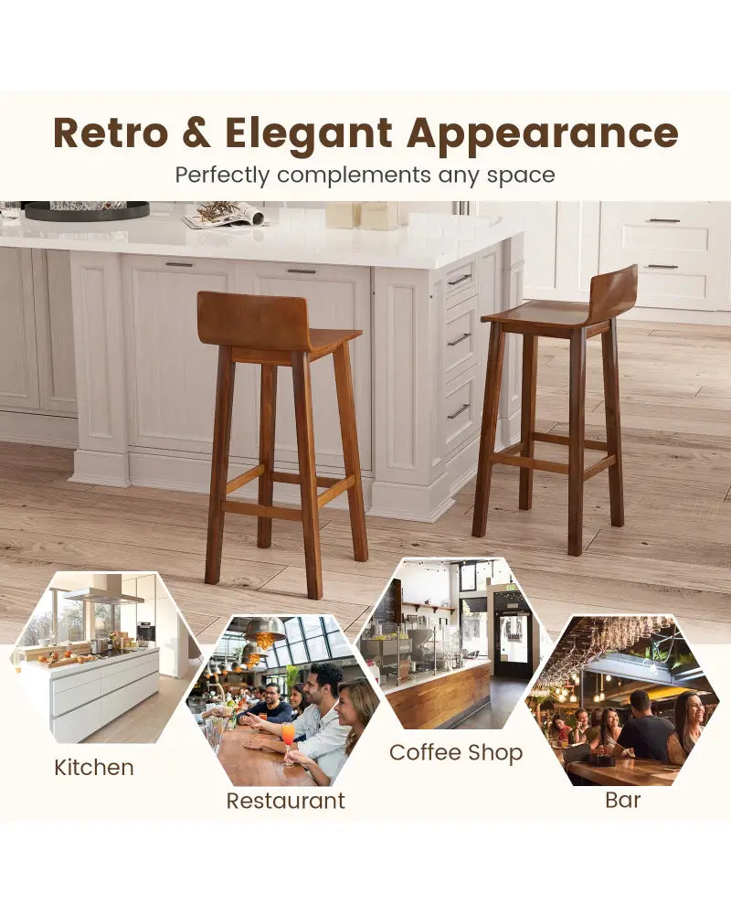 29 Inch Wood Bar Stools Set of 2 with Solid Back and Seat-Walnut - Walnut - Bar Stools