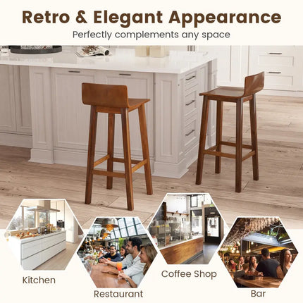 29 Inch Wood Bar Stools Set of 2 with Solid Back and Seat-Walnut - Walnut - Bar Stools