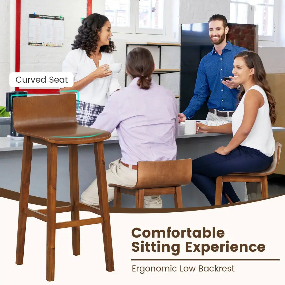 29 Inch Wood Bar Stools Set of 2 with Solid Back and Seat-Walnut - Walnut - Bar Stools