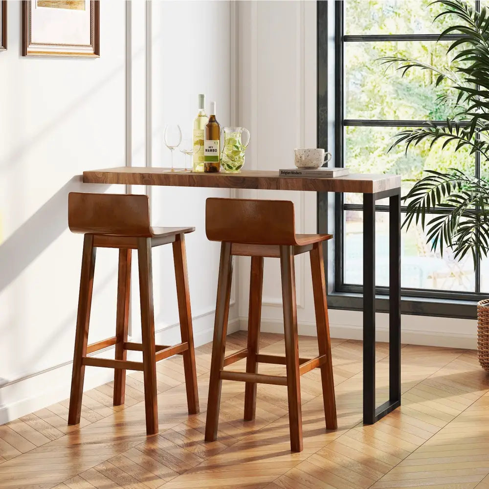 29 Inch Wood Bar Stools Set of 2 with Solid Back and Seat-Walnut - Walnut - Bar Stools