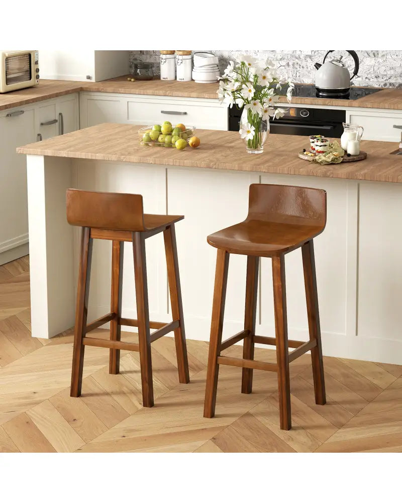 29 Inch Wood Bar Stools Set of 2 with Solid Back and Seat-Walnut - Walnut - Bar Stools