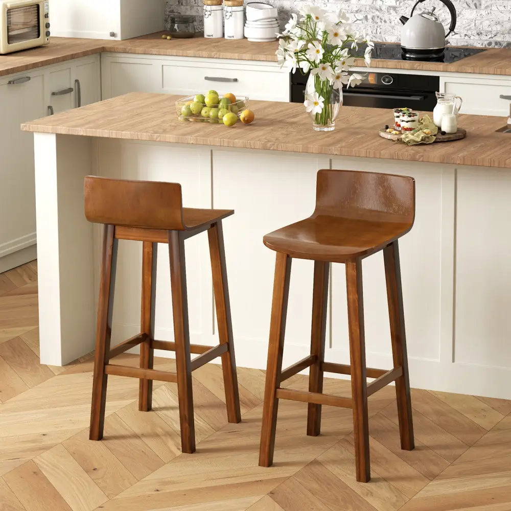 29 Inch Wood Bar Stools Set of 2 with Solid Back and Seat-Walnut - Walnut - Bar Stools