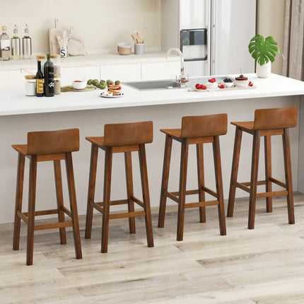 29 Inch Wood Bar Stools Set of 2 with Solid Back and Seat-Walnut - Walnut - Bar Stools