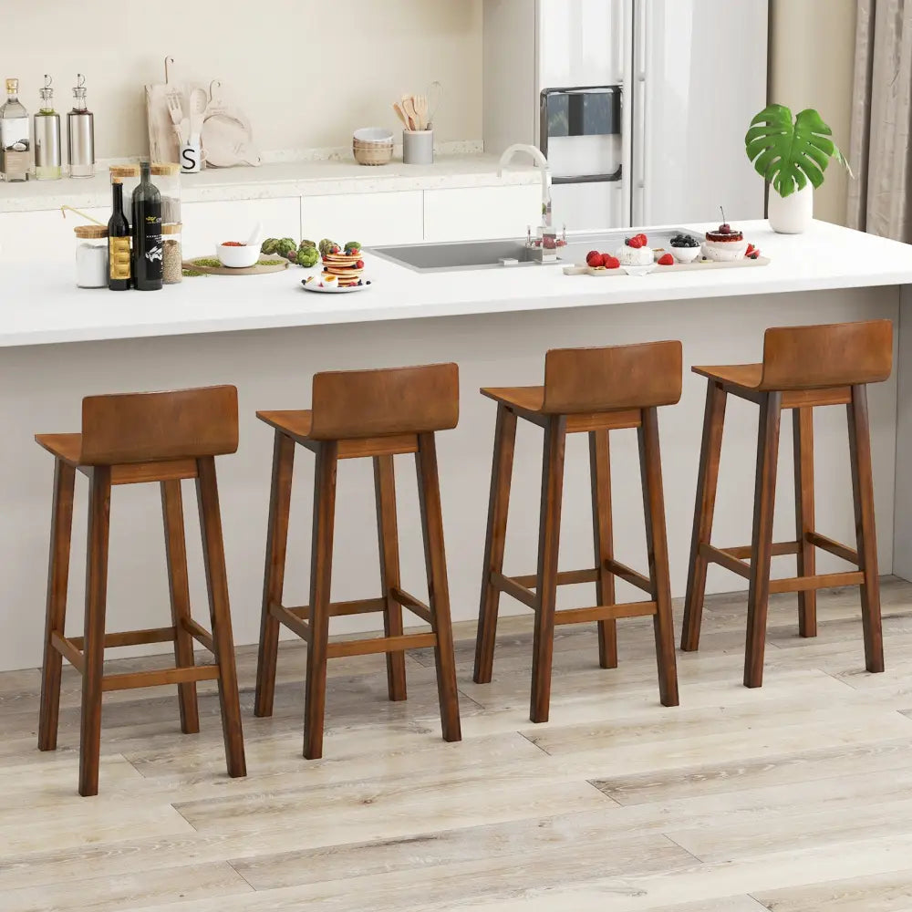 29 Inch Wood Bar Stools Set of 2 with Solid Back and Seat-Walnut - Walnut - Bar Stools