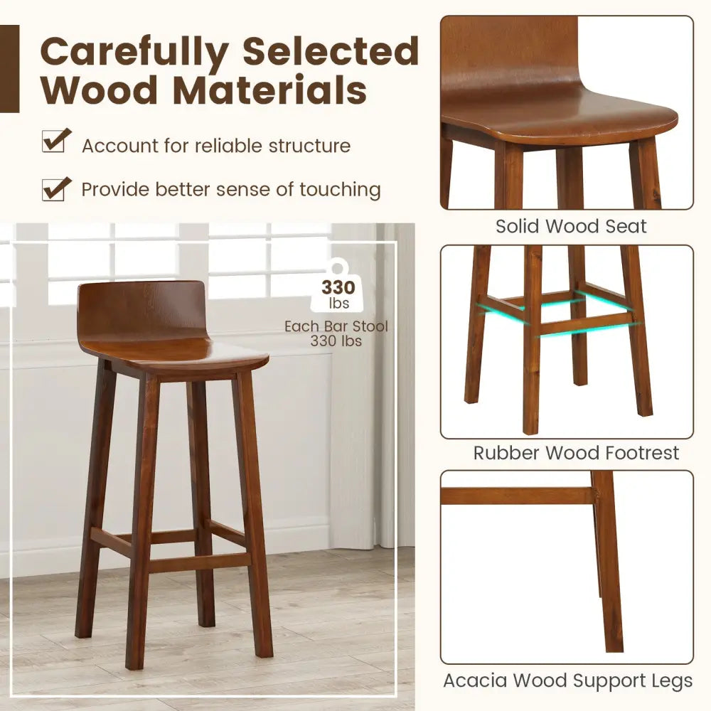 29 Inch Wood Bar Stools Set of 2 with Solid Back and Seat-Walnut - Walnut - Bar Stools