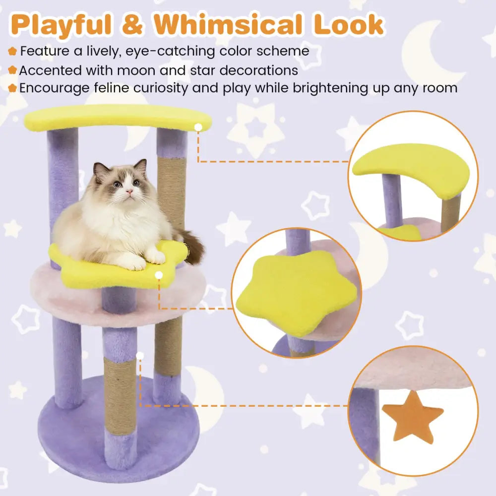 29 Inches Cute Modern Cat Tree with Star and Moon Shaped Platforms-Purple - Purple - Cat Trees Condos & Scratchers