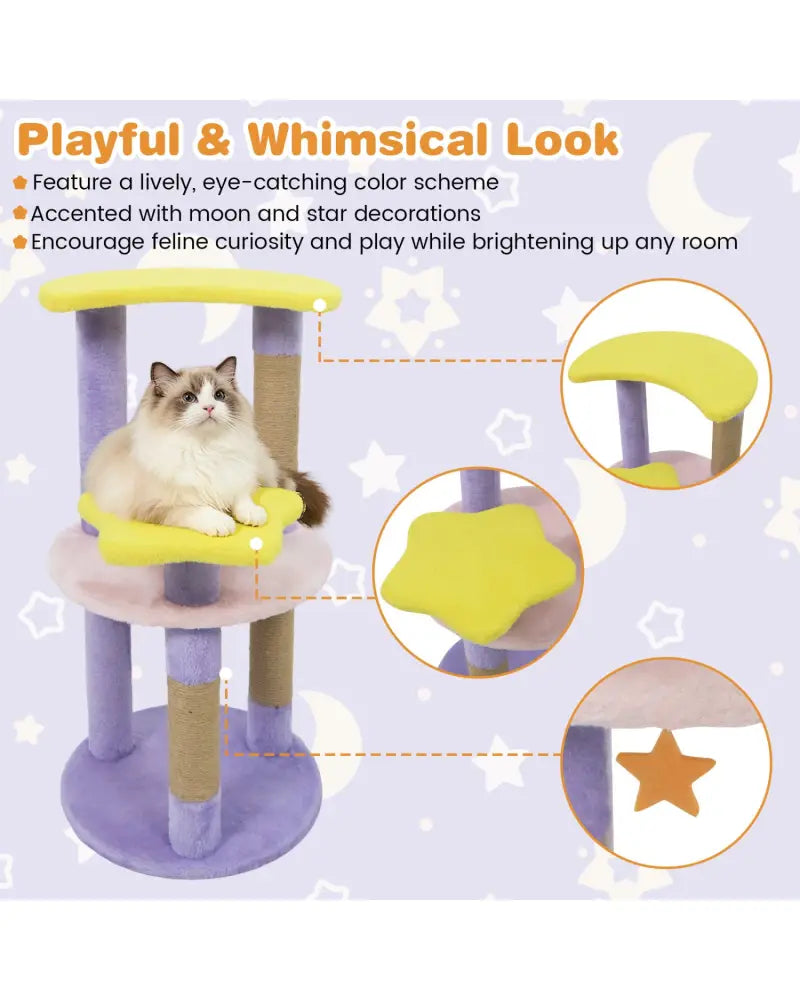 29 Inches Cute Modern Cat Tree with Star and Moon Shaped Platforms-Purple - Purple - Cat Trees Condos & Scratchers