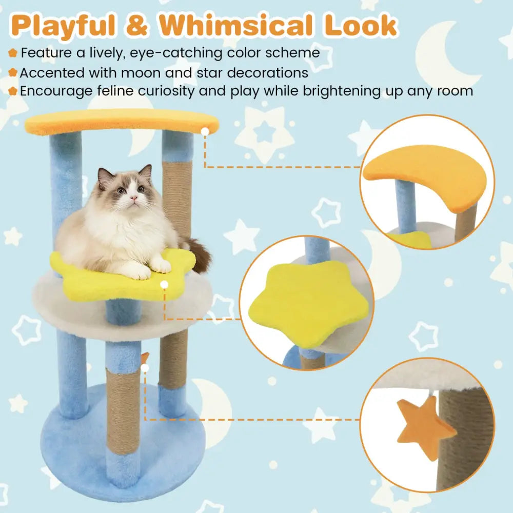 29 Inches Cute Modern Cat Tree with Star and Moon Shaped Platforms-Blue - Blue - Cat Trees Condos & Scratchers